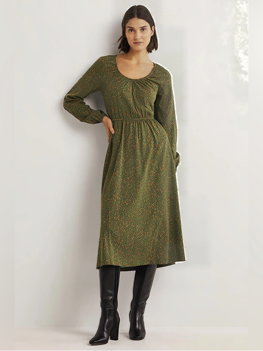 Boden Olive Green Long-Sleeve Floral Midi Dress NWT Size 8P Petite